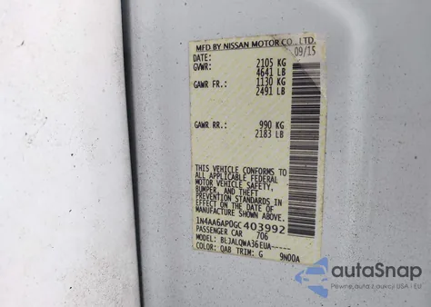 2016 Nissan Maxima 3.5 Platinum/3.5 S/3.5 Sl/3.5 Sr/3.5 Sv из США, поврежденный, VIN 1N4AA6AP0GC403992